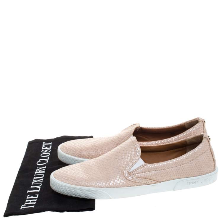 Pre Owned Jimmy Choo Beige Python Embossed Leather Slip On Sneakers Size 38