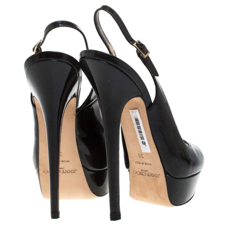 Pre Owned Jimmy Choo Black Patent Leather Vita Peep Toe Platform Slingback Sandals Size 38