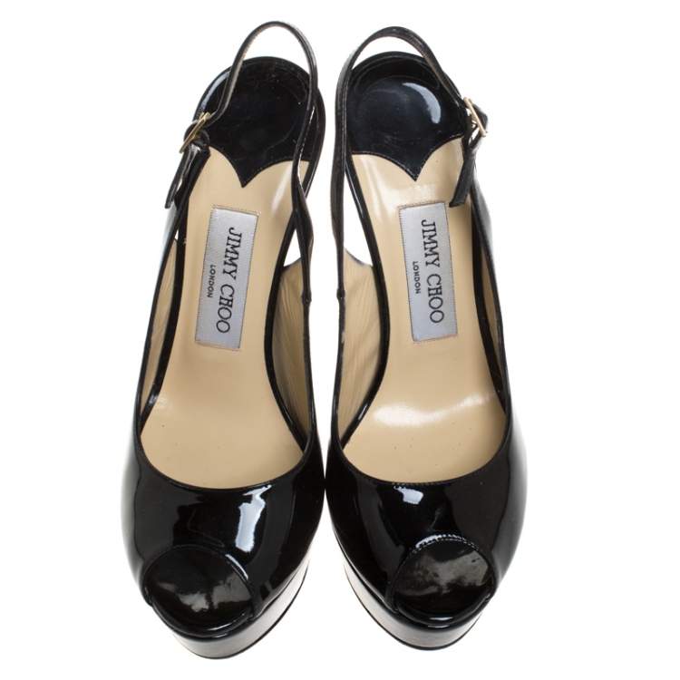 Pre Owned Jimmy Choo Black Patent Leather Vita Peep Toe Platform Slingback Sandals Size 38