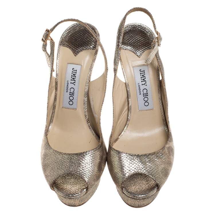 Pre Owned Jimmy Choo Metallic Gold Embossed Leather Vita Peep Toe Platform Slingback Sandals Size 37