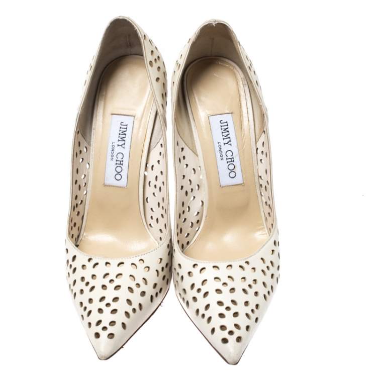 Pre Owned Jimmy Choo White Perforated Leather Anouk Pointed Toe Pumps Size 38.5