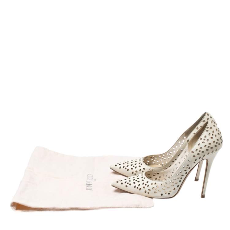 Pre Owned Jimmy Choo White Perforated Leather Anouk Pointed Toe Pumps Size 38.5