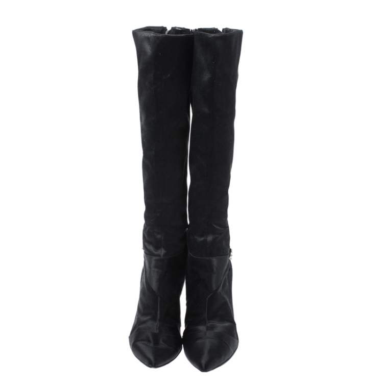 Pre Owned Jimmy Choo Black Crystal Embellished Satin Zip Knee Length  Boots Size 38.5