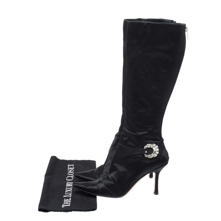 Pre Owned Jimmy Choo Black Crystal Embellished Satin Zip Knee Length  Boots Size 38.5