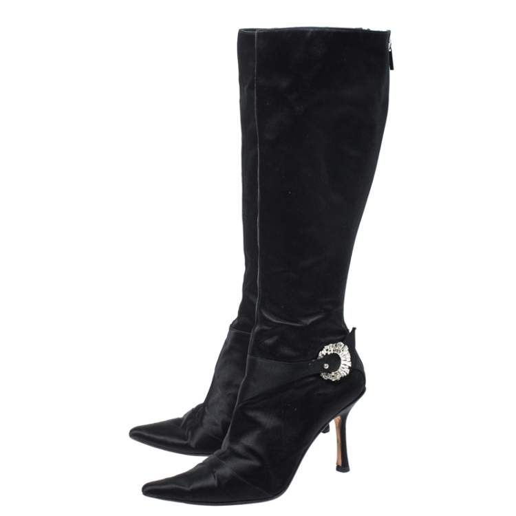 Pre Owned Jimmy Choo Black Crystal Embellished Satin Zip Knee Length  Boots Size 38.5