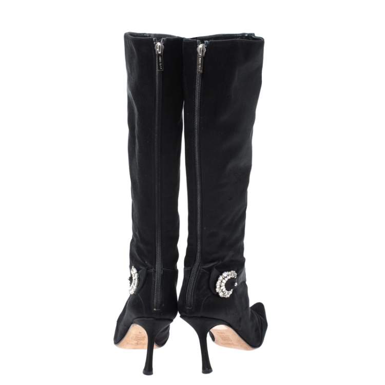 Pre Owned Jimmy Choo Black Crystal Embellished Satin Zip Knee Length  Boots Size 38.5