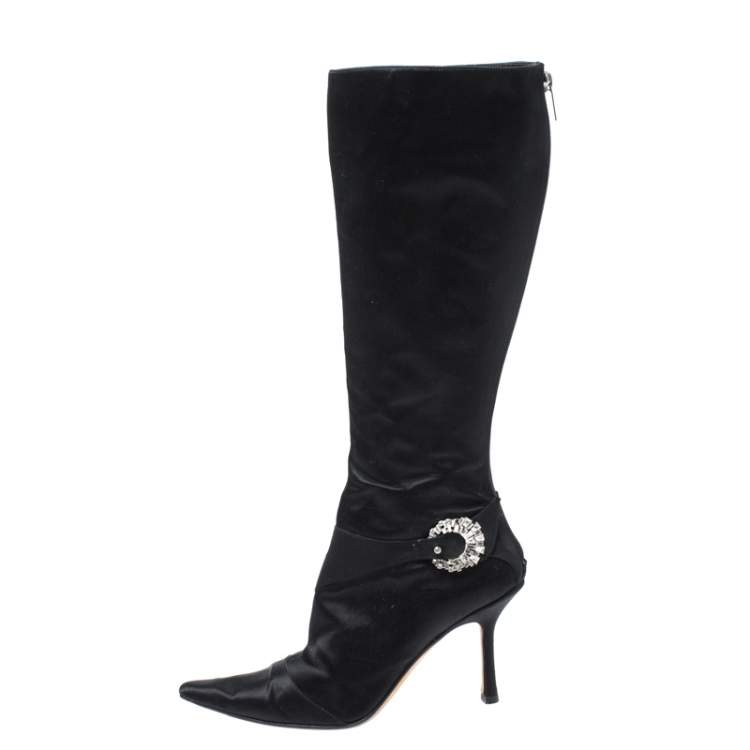 Pre Owned Jimmy Choo Black Crystal Embellished Satin Zip Knee Length  Boots Size 38.5
