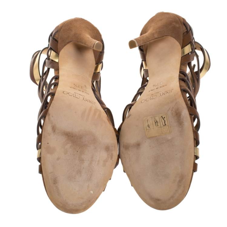 Pre Owned Jimmy Choo Brown Suede Leather Strappy Open Toe Sandals Size 37.5