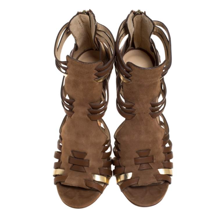 Pre Owned Jimmy Choo Brown Suede Leather Strappy Open Toe Sandals Size 37.5