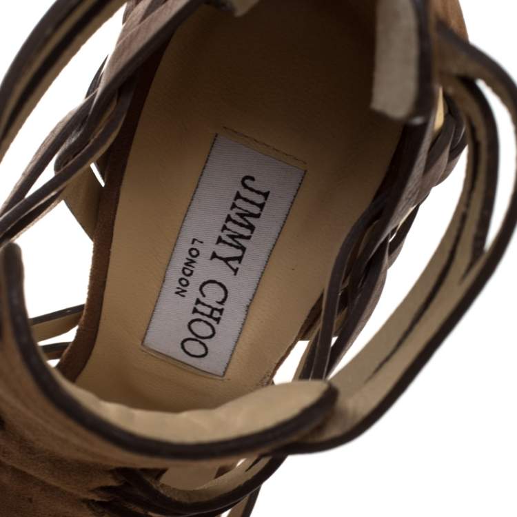 Pre Owned Jimmy Choo Brown Suede Leather Strappy Open Toe Sandals Size 37.5