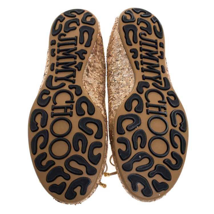 Pre Owned Jimmy Choo Gold Coarse Glitter Fabric Walsh Bow Ballet Flats Size 36