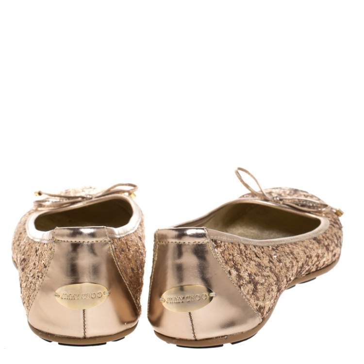 Pre Owned Jimmy Choo Gold Coarse Glitter Fabric Walsh Bow Ballet Flats Size 36