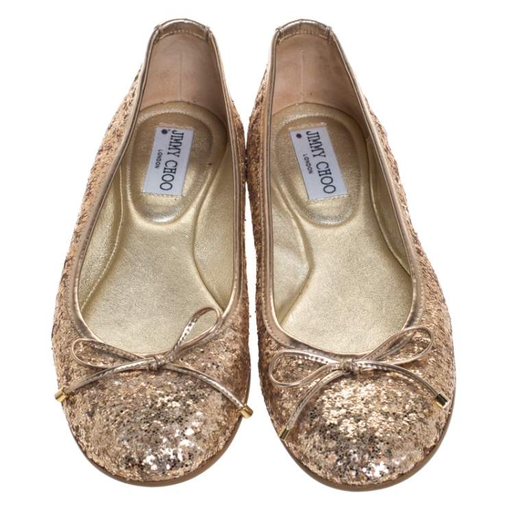 Pre Owned Jimmy Choo Gold Coarse Glitter Fabric Walsh Bow Ballet Flats Size 36