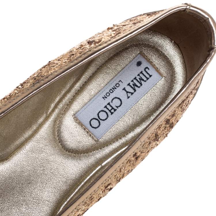Pre Owned Jimmy Choo Gold Coarse Glitter Fabric Walsh Bow Ballet Flats Size 36
