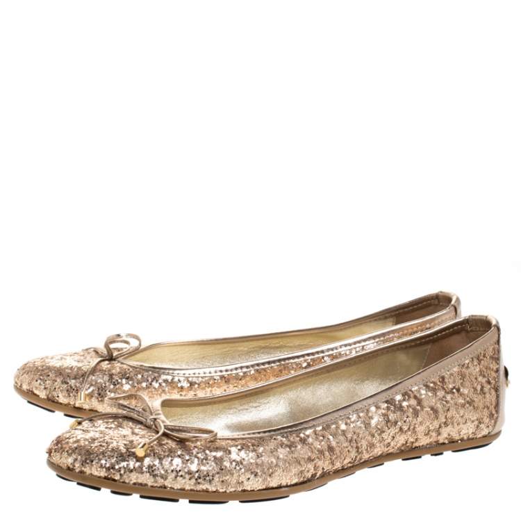 Pre Owned Jimmy Choo Gold Coarse Glitter Fabric Walsh Bow Ballet Flats Size 36