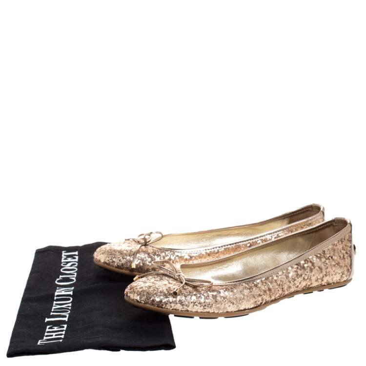Pre Owned Jimmy Choo Gold Coarse Glitter Fabric Walsh Bow Ballet Flats Size 36