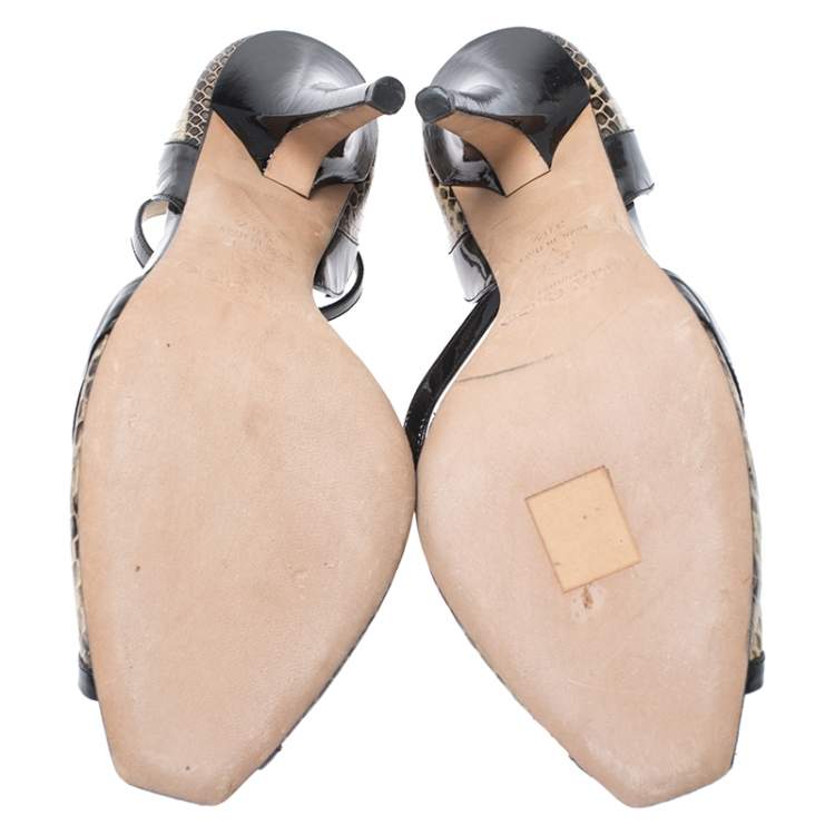 مملوكة مسبقًا Jimmy Choo Black/Cream Snakeskin And Patent Leather Ankle Strap Sandals Size 38.5