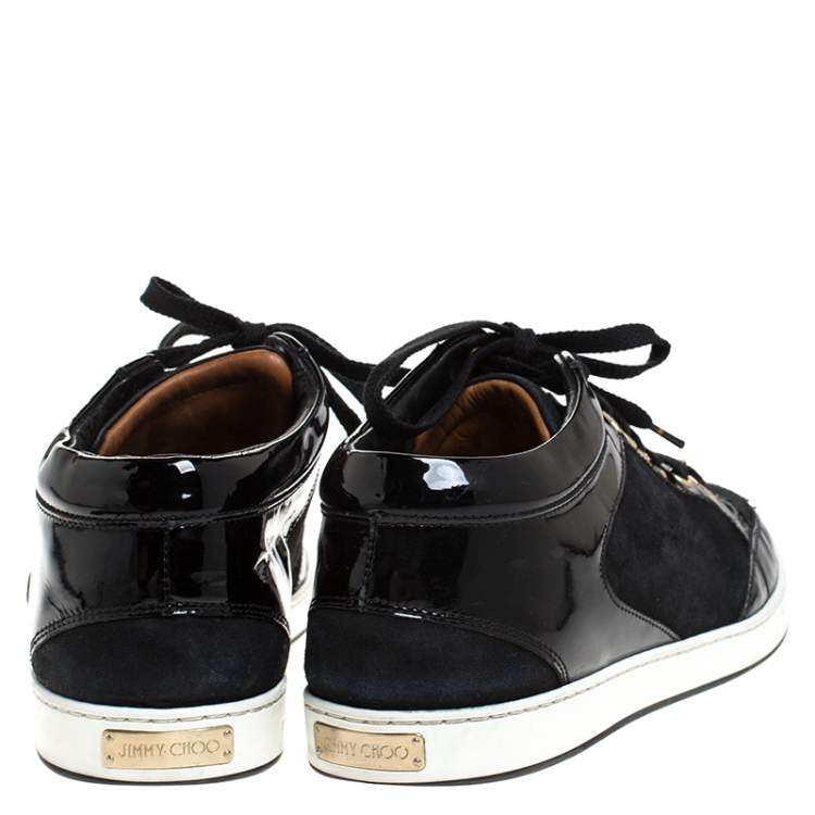 Pre Owned Jimmy Choo Black Suede and Patent Leather Miami Low Top Sneakers Size 39.5