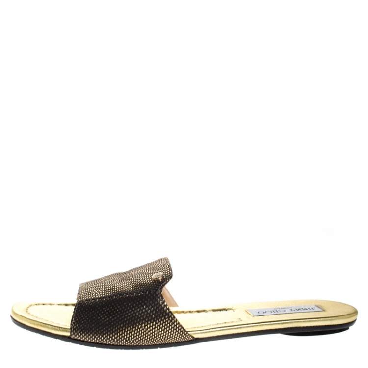 Pre Owned Jimmy Choo Metallic Gold/Black Embossed Leather Nanda Flat Slides Size 40.5