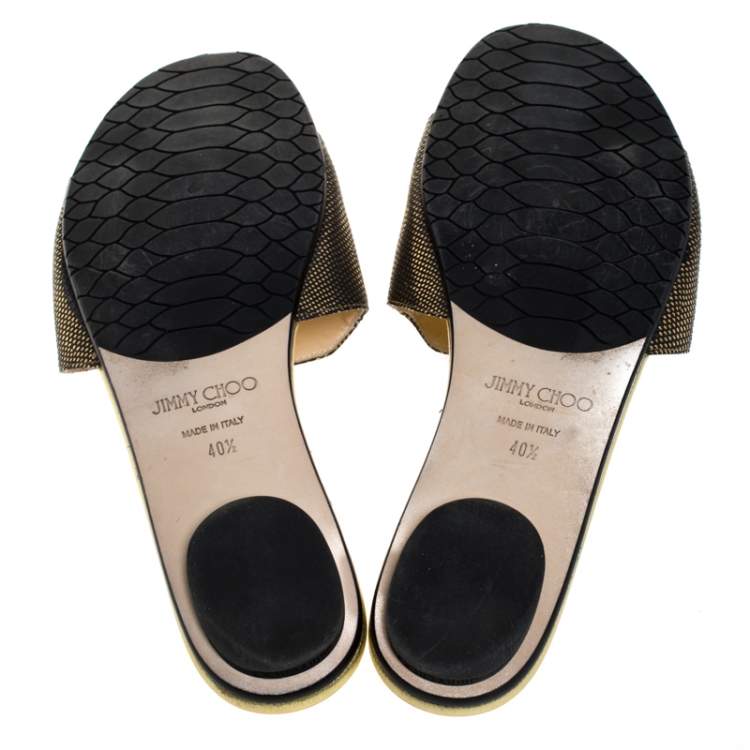 Pre Owned Jimmy Choo Metallic Gold/Black Embossed Leather Nanda Flat Slides Size 40.5