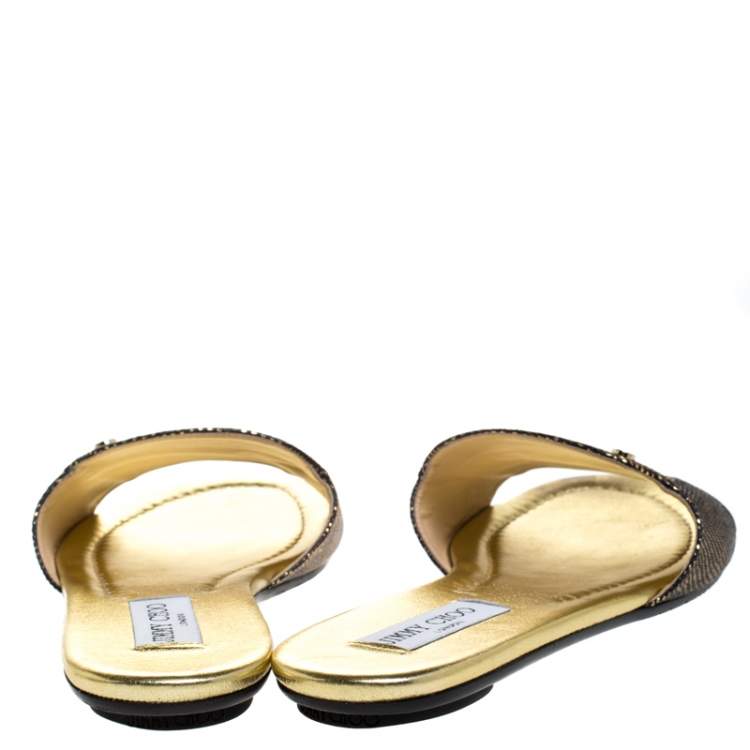 Pre Owned Jimmy Choo Metallic Gold/Black Embossed Leather Nanda Flat Slides Size 40.5