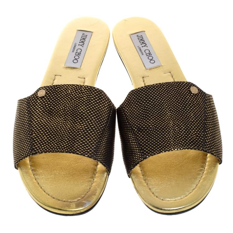 Pre Owned Jimmy Choo Metallic Gold/Black Embossed Leather Nanda Flat Slides Size 40.5