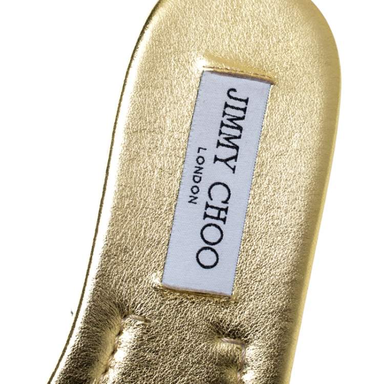 Pre Owned Jimmy Choo Metallic Gold/Black Embossed Leather Nanda Flat Slides Size 40.5