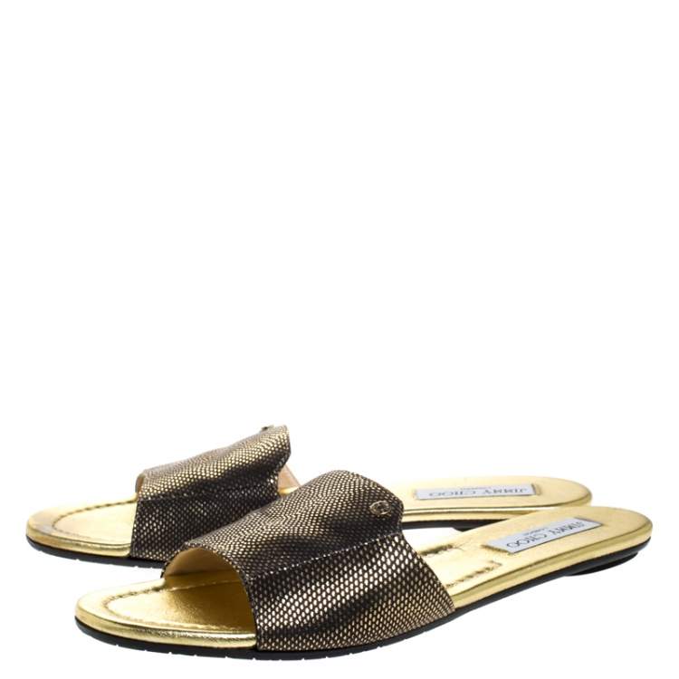 Pre Owned Jimmy Choo Metallic Gold/Black Embossed Leather Nanda Flat Slides Size 40.5