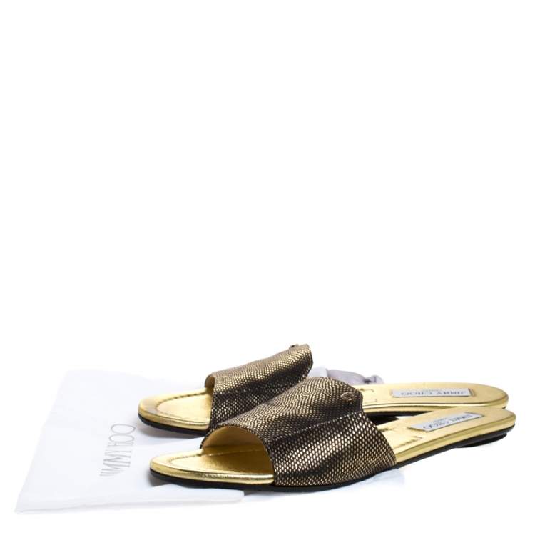 Pre Owned Jimmy Choo Metallic Gold/Black Embossed Leather Nanda Flat Slides Size 40.5