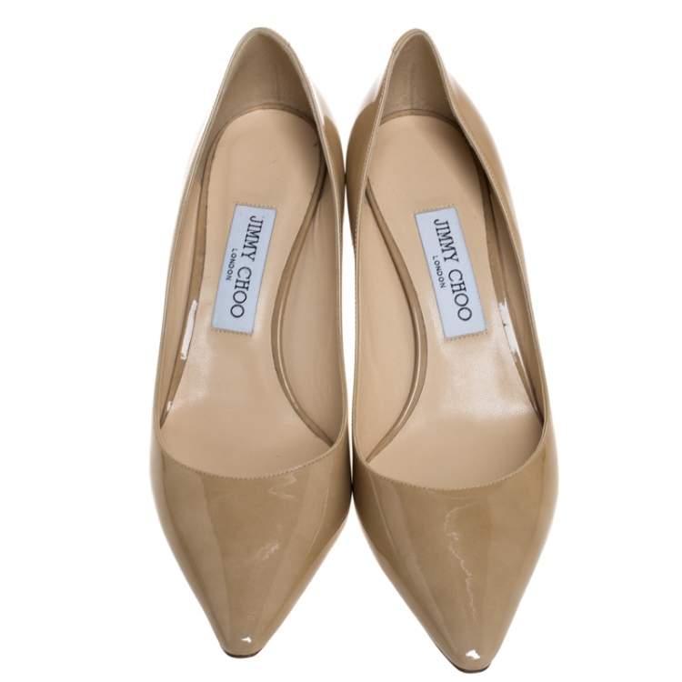 Pre Owned Jimmy Choo Beige Patent Leather Romy Pointed Toe Pumps Size 38.5