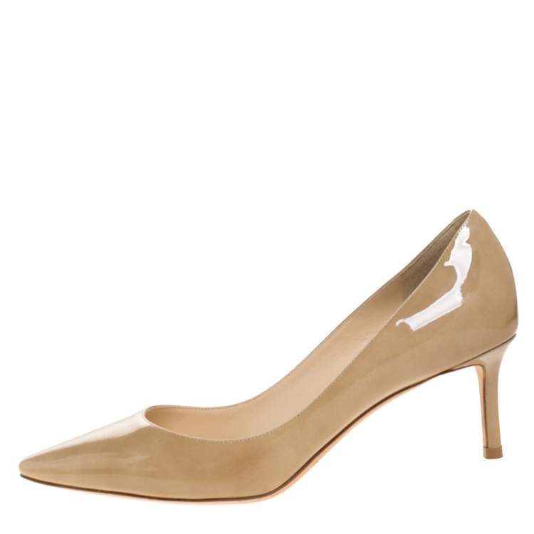 Pre Owned Jimmy Choo Beige Patent Leather Romy Pointed Toe Pumps Size 38.5