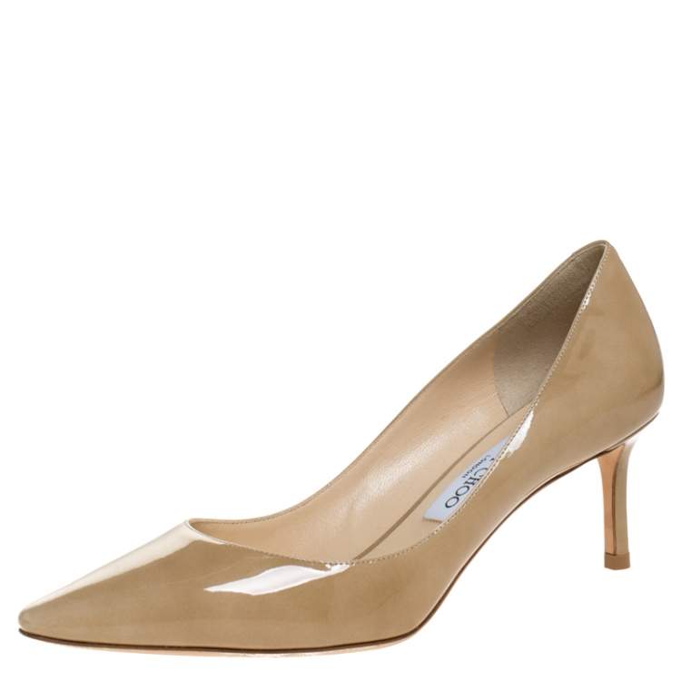 Pre Owned Jimmy Choo Beige Patent Leather Romy Pointed Toe Pumps Size 38.5