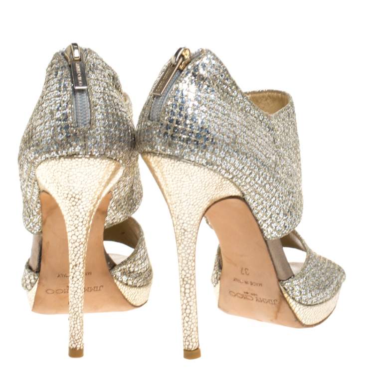 Pre Owned Jimmy Choo Silver Glitter Private Platform Sandals Size 37