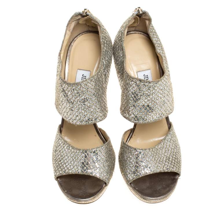 Pre Owned Jimmy Choo Silver Glitter Private Platform Sandals Size 37