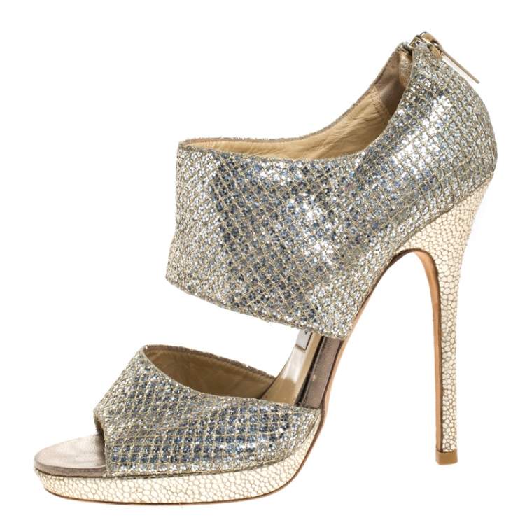 Pre Owned Jimmy Choo Silver Glitter Private Platform Sandals Size 37