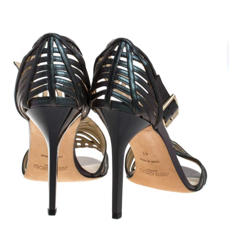 Pre Owned Jimmy Choo Metallic Dark Green Leather Cutout Open Toe Sandals Size 41