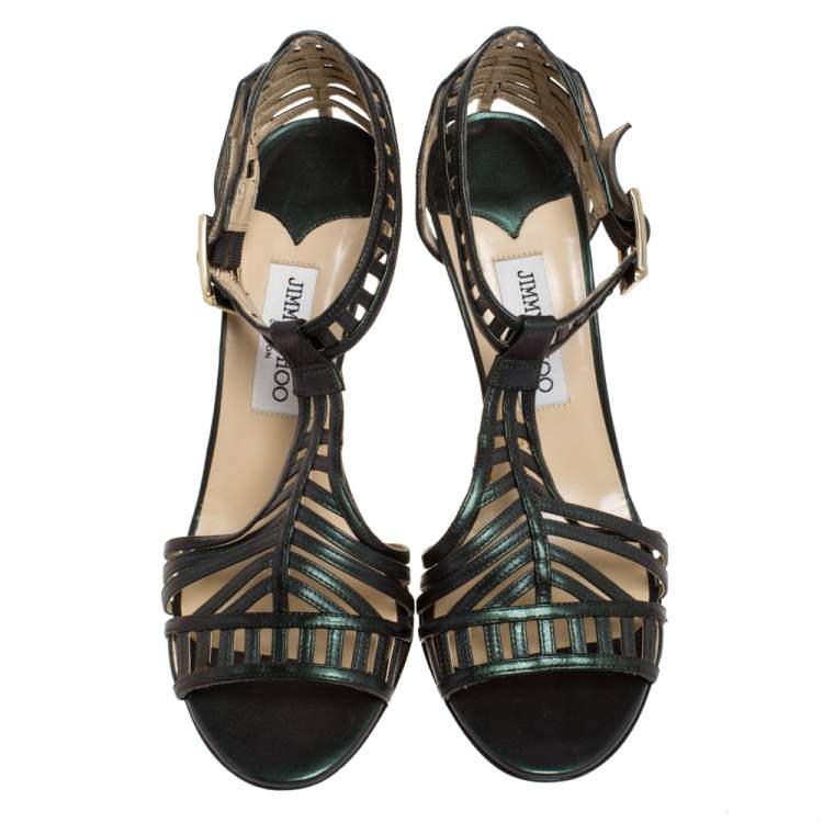 Pre Owned Jimmy Choo Metallic Dark Green Leather Cutout Open Toe Sandals Size 41