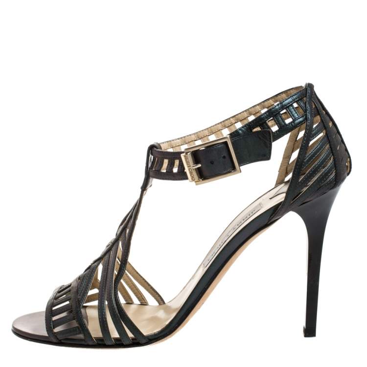 Pre Owned Jimmy Choo Metallic Dark Green Leather Cutout Open Toe Sandals Size 41