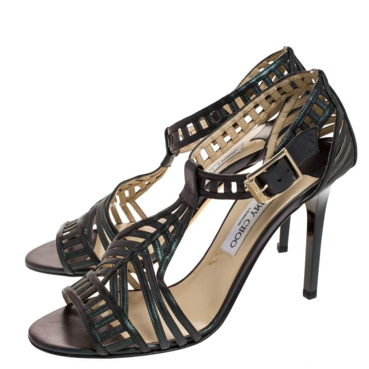 Pre Owned Jimmy Choo Metallic Dark Green Leather Cutout Open Toe Sandals Size 41