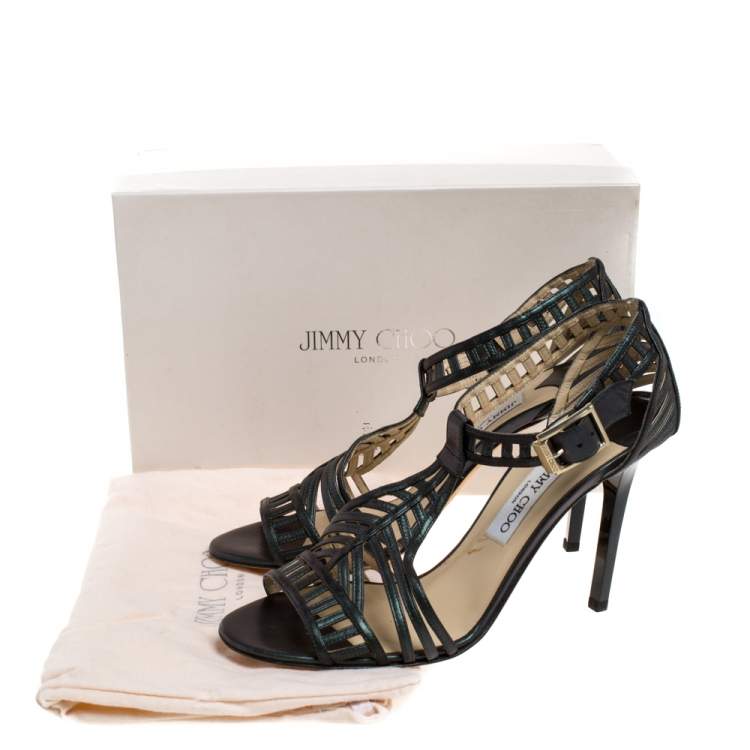 Pre Owned Jimmy Choo Metallic Dark Green Leather Cutout Open Toe Sandals Size 41