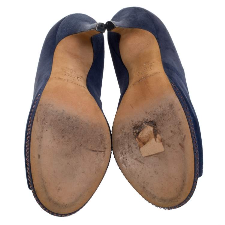 Pre Owned Jimmy Choo Blue Studded Suede Peep Toe Booties Size 39.5