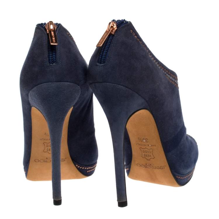 Pre Owned Jimmy Choo Blue Studded Suede Peep Toe Booties Size 39.5