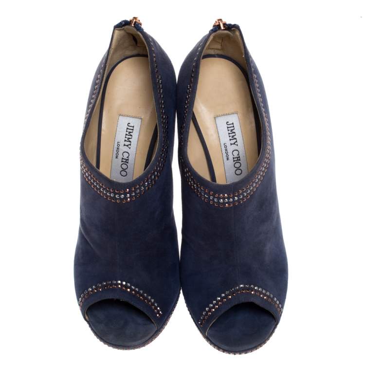 Pre Owned Jimmy Choo Blue Studded Suede Peep Toe Booties Size 39.5