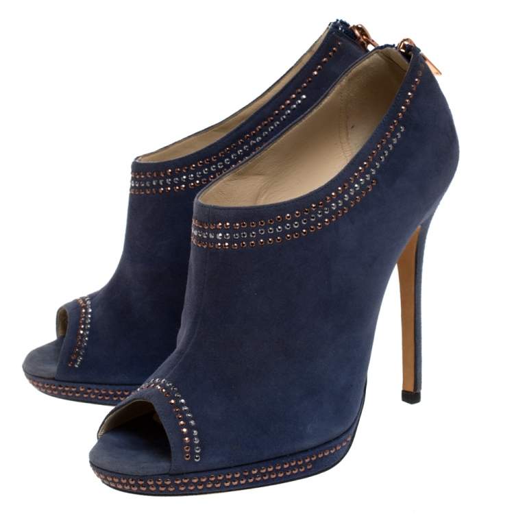 Pre Owned Jimmy Choo Blue Studded Suede Peep Toe Booties Size 39.5