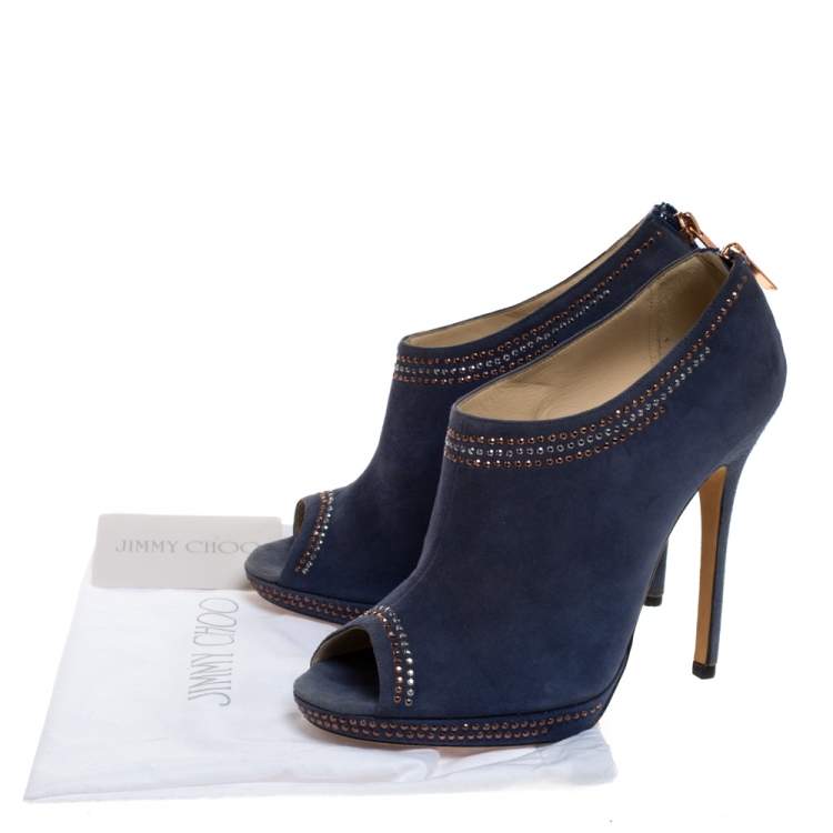 Pre Owned Jimmy Choo Blue Studded Suede Peep Toe Booties Size 39.5