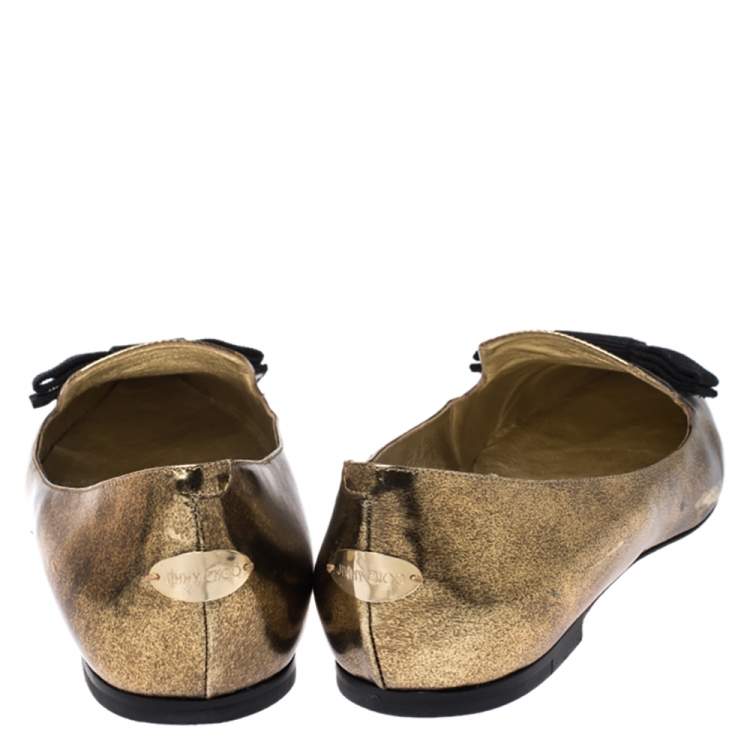 Pre Owned Jimmy Choo Metallic Gold Leather Gala Bow Ballet Flats Size 39