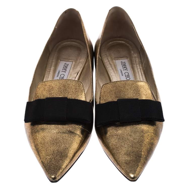 Pre Owned Jimmy Choo Metallic Gold Leather Gala Bow Ballet Flats Size 39