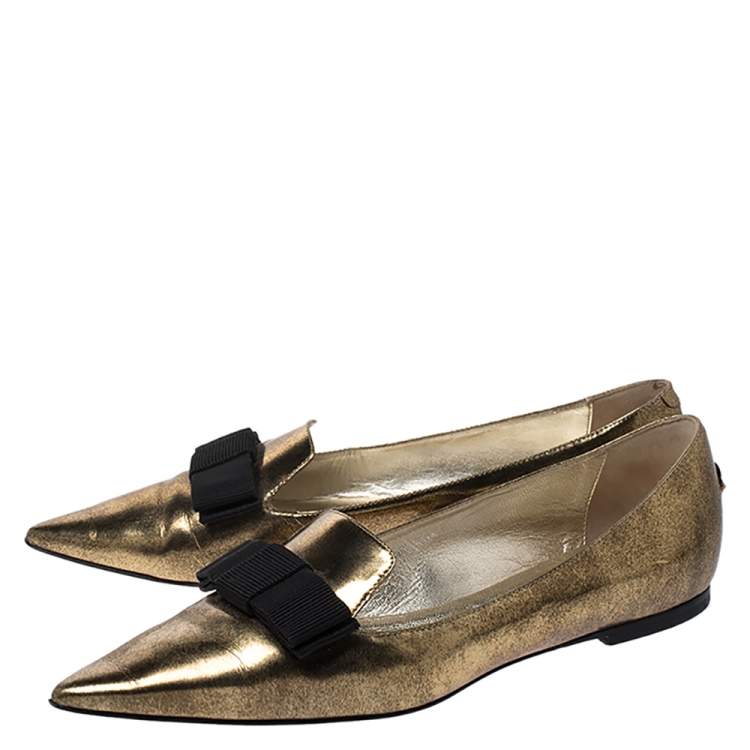Pre Owned Jimmy Choo Metallic Gold Leather Gala Bow Ballet Flats Size 39