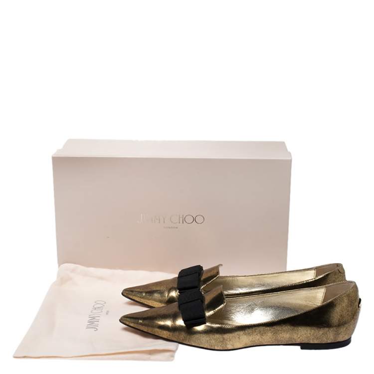 Pre Owned Jimmy Choo Metallic Gold Leather Gala Bow Ballet Flats Size 39