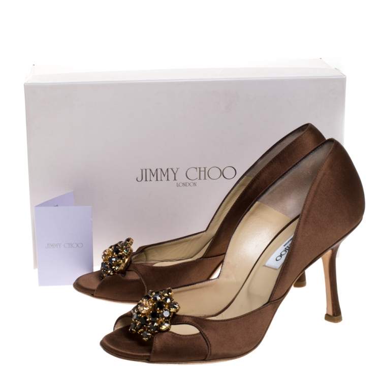 Pre Owned Jimmy Choo Dark Brown Satin Crystal Embellished Piazza Peep Toe Pumps 39